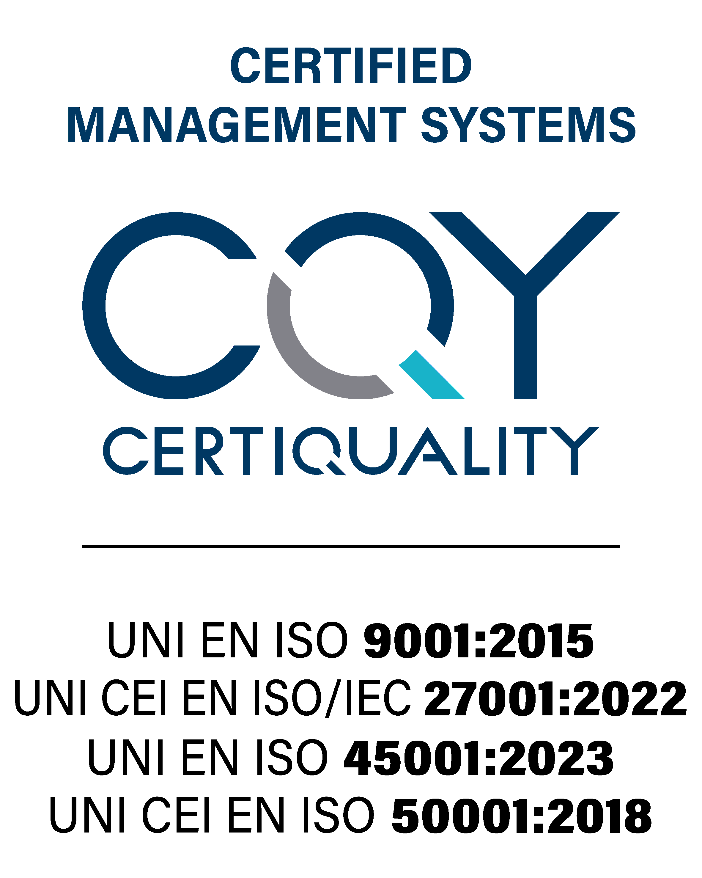 Certified Management System - CERTIQUALITY - UNI EN ISO 9001:2015 UNI CEI EN ISO/IEC 27001:2022 UNI EN ISO 45001:2023 UNI CEI EN ISO 50001:2018